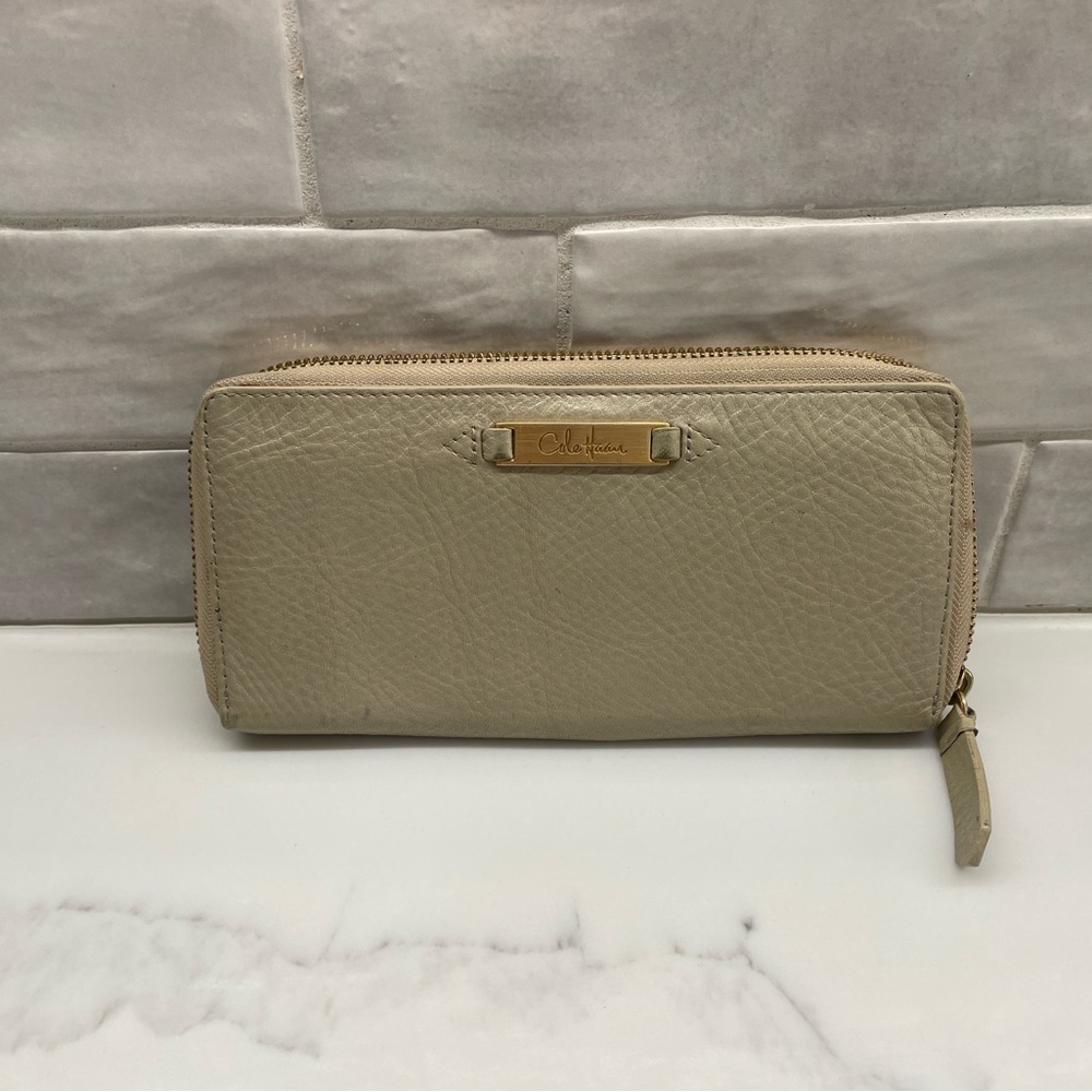 Cole Haan Taupe Leather Zip Wallet with Gold-Tone Logo